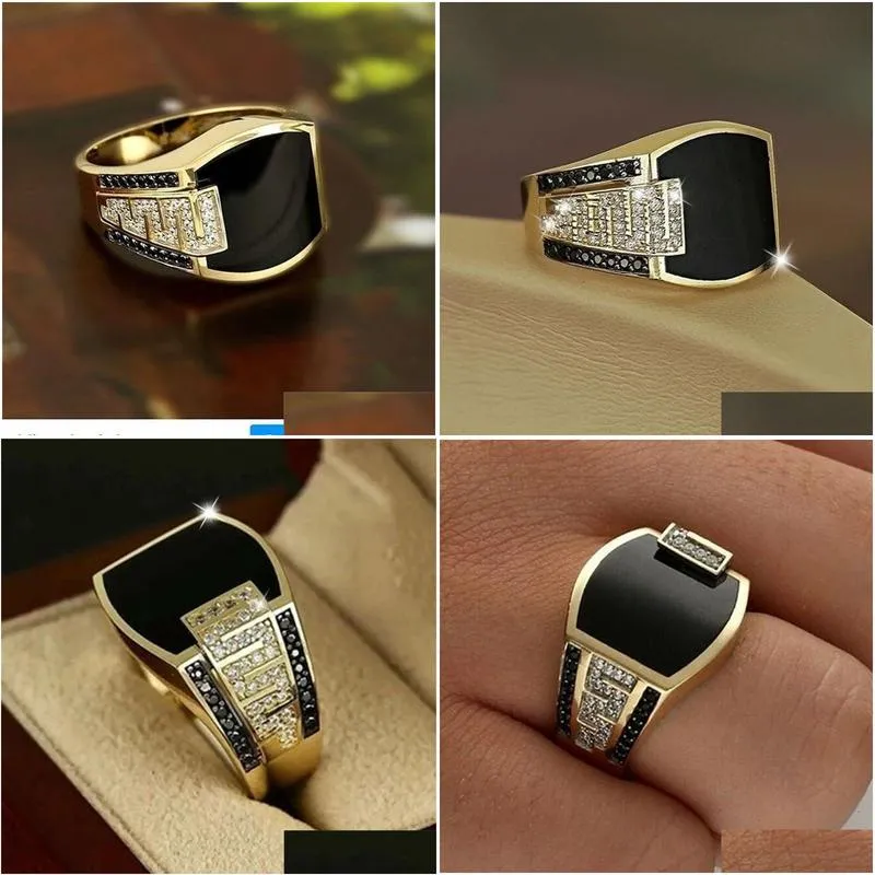 Band Rings Classic Mens Ring Fashion Metal Gold Color Inlaid Black Stone Zircon Punk For Men Engagement Wedding Luxury Drop Delivery Otqh7