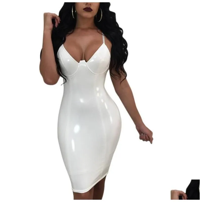 Summer Women Autumn Fashion Faux Leather Latex Dress V Neck Sexy Slim Pvc Black White Pink Red Long Party Plus Size Casual Dresses