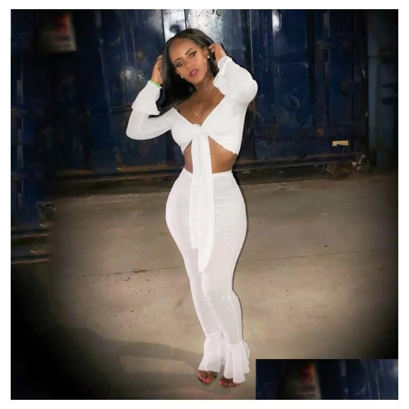 Two Piece Set Tracksuits Women Off Shoulder Long Sleeve Sexy Crop Top Elastic High Waist Flare Pants Party Outfits Blue Tracksuits