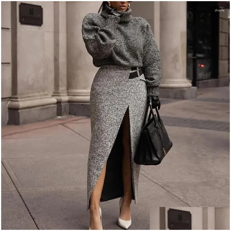 Work Dresses Elegan Turtleneck Pullover Tops & Split Skirt Outfits Casual Long Sleeve 2Pc Suit Women Fashion Solid Knitted Skirts Sets