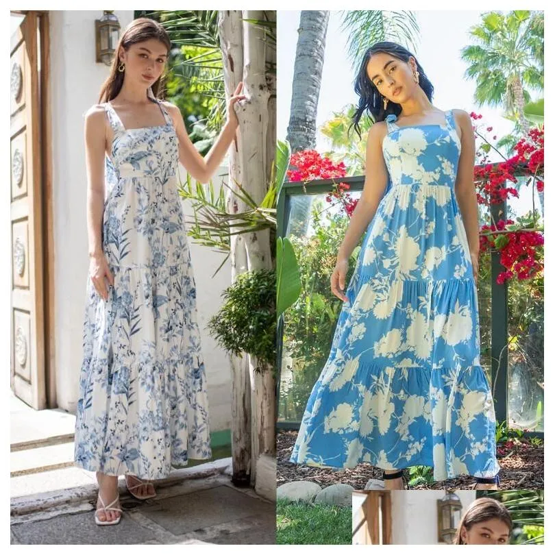 New Casual Dresses Women The Dress Floral Printed Sky-Blue Tie Bow Backless Sleeveless Elegant Fashion Bohemian Beach