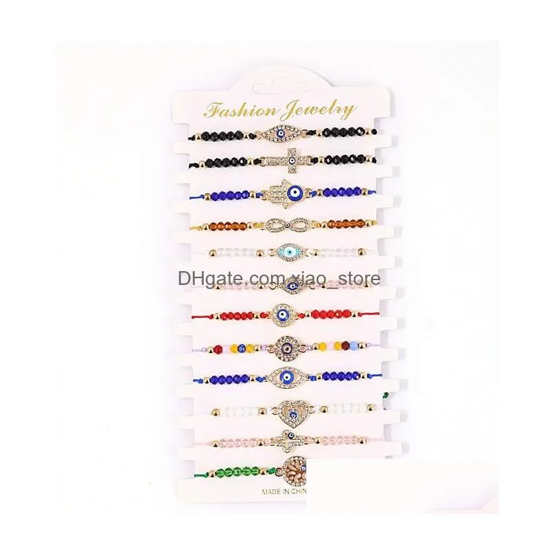 12pcs/set blue evil eye bracelets for women crystal tree hand cross heart turtle charm beads rope string chain adjustable bangle jewelry