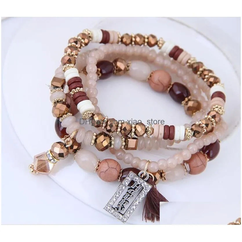 tassel and happy engrave beaded strands charm bracelet handmade multi color crystal bracelet for women wholesale set bohemia jewelry 6