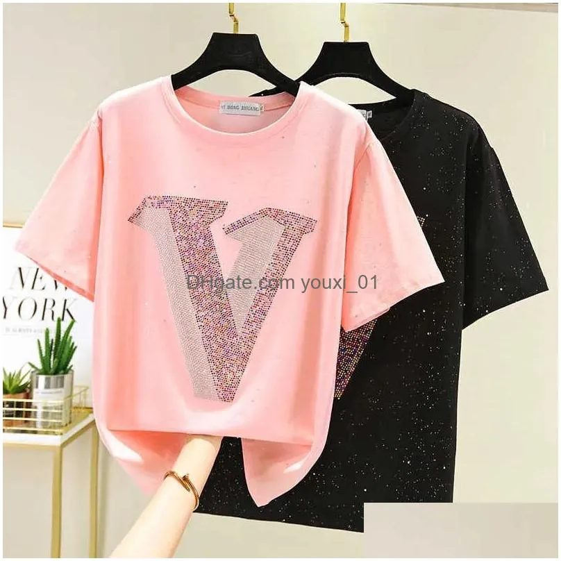 Women`S T-Shirt Womens T Shirt Women Short Sleeve Shiny Diamond Summer Tops Fashion Woman Clothes Tshirt Tee Femme Digirl Drop Deliver Dhasa