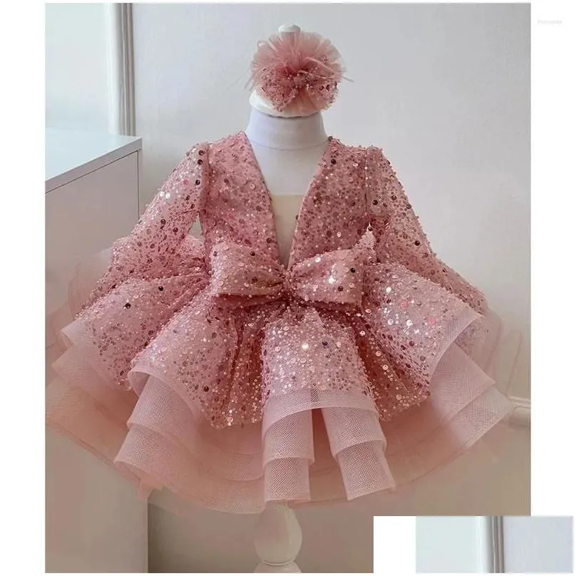 Girl Dresses Shiny Sequined Mini Fashion V-Neck Long Sleeves Pleat Ruched Short Ball Gowns Casual Party Pageant Kids