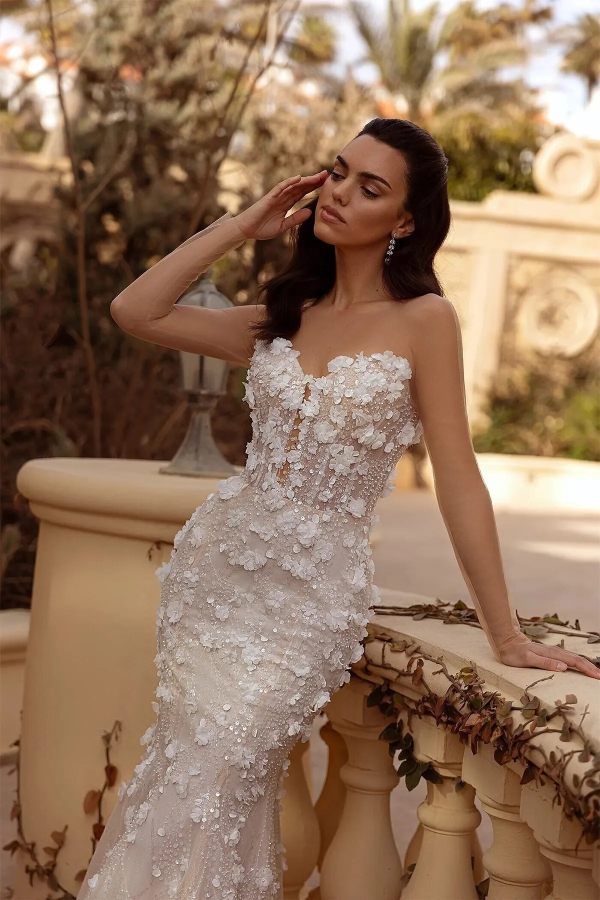 Classic Mermaid Wedding Dress Sheer Neck Long Sleeves Bridal Gowns 3D Appliques Sequins Sweep Train Dresses Custom Made vestidos de novia