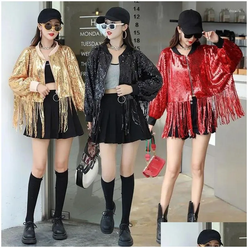 Stage Wear Men`s And Women`s Outerwear Show Costume Dance Jacket Cardigan Baseball Sequins