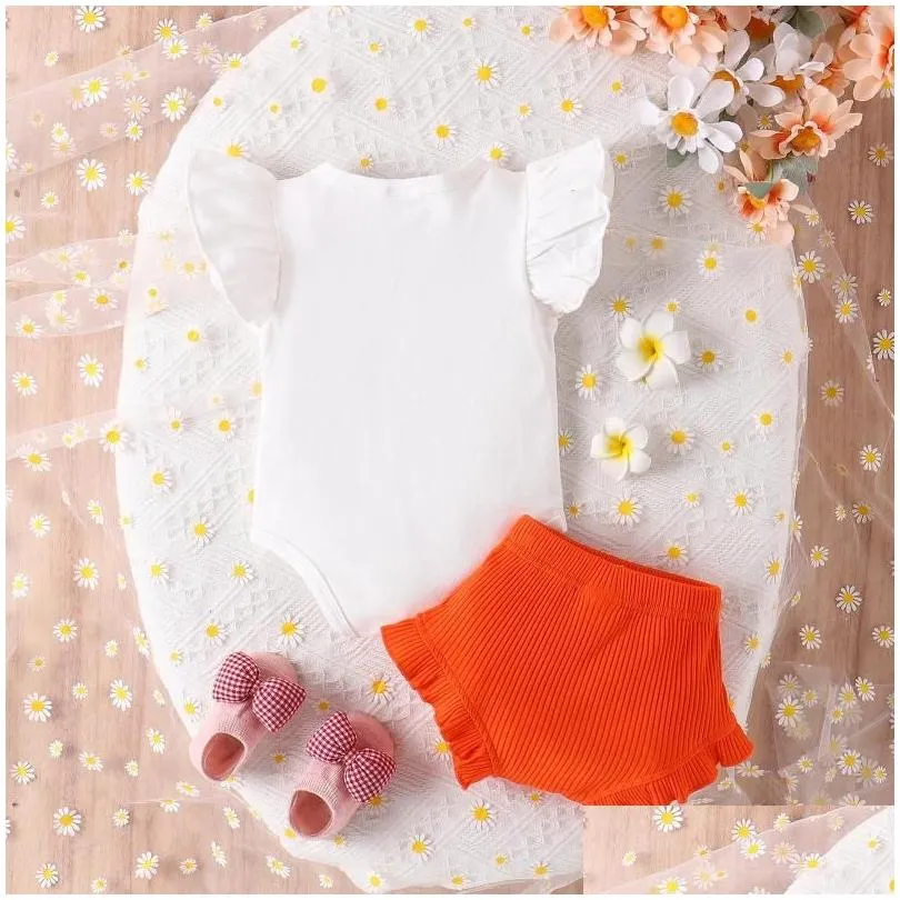 Clothing Sets 2PCS Summer Baby Girls Soft And Comfortable White Letter-Printed Orange Simple Wind Pit Shorts Casual Suit