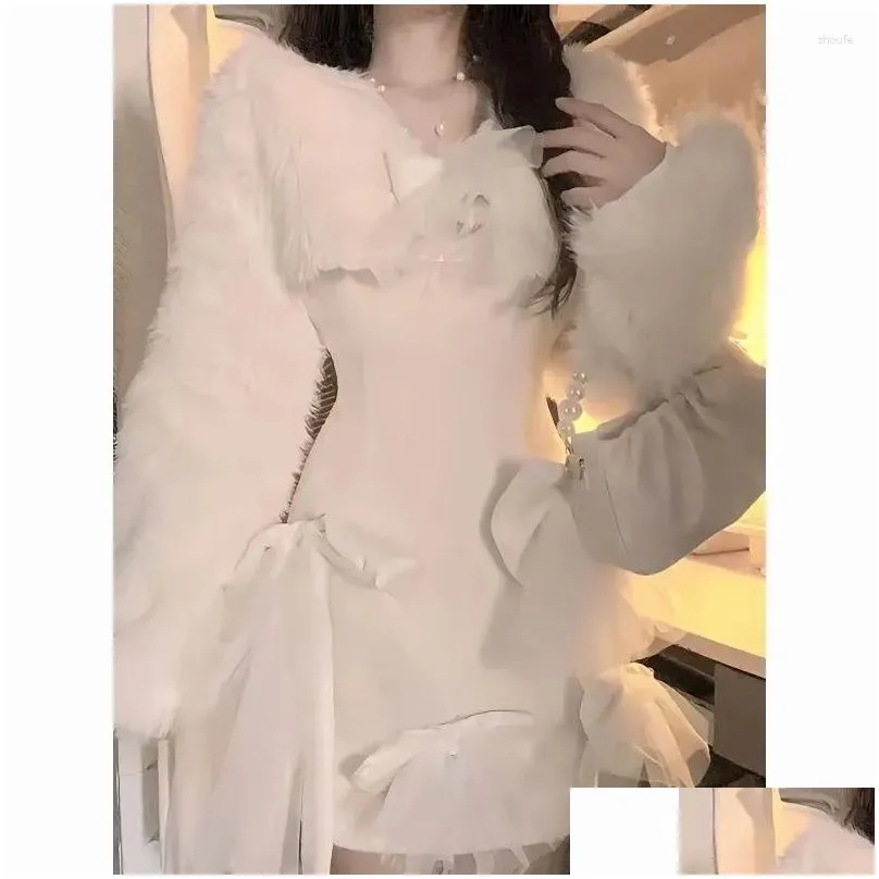 Work Dresses Sweet Gentle Plush Jacket Dress Two-piece Set Female Soft Glutinous Bow Splice Korean Solid Slim Fashion Temperament