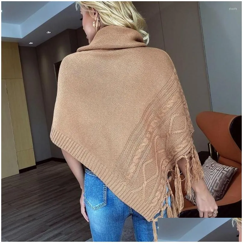 Women`s Sweaters Cashmere Warm Cape Ponchos Irregular Turtleneck Tassel Capes Knitted Coat Ladies Casual Pullover Crochet Sweater