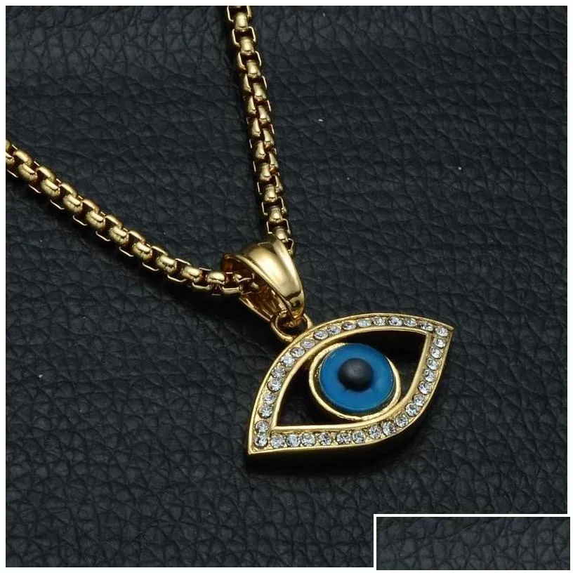 Pendant Necklaces Turkish Blue Eye Necklace Gold 316L Stainless Steel Evil Eyes Chains For Women Fashion Crystal Rhinestone Mens Luc