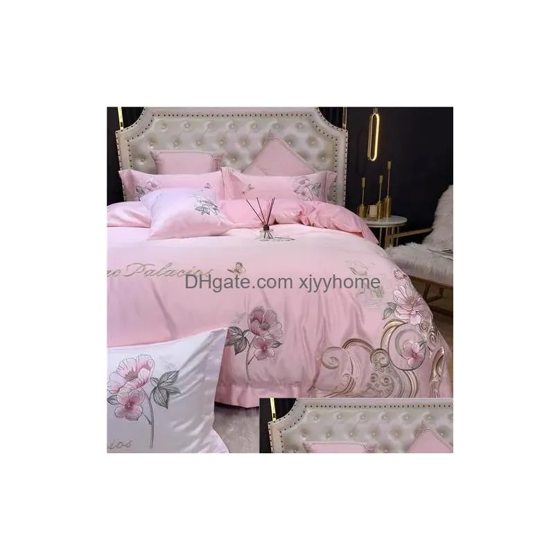 Bedding Sets Chinese Style Floral Embroidery Cotton Wedding Home Set High Quality Satin E15 Drop Delivery Dhl9B