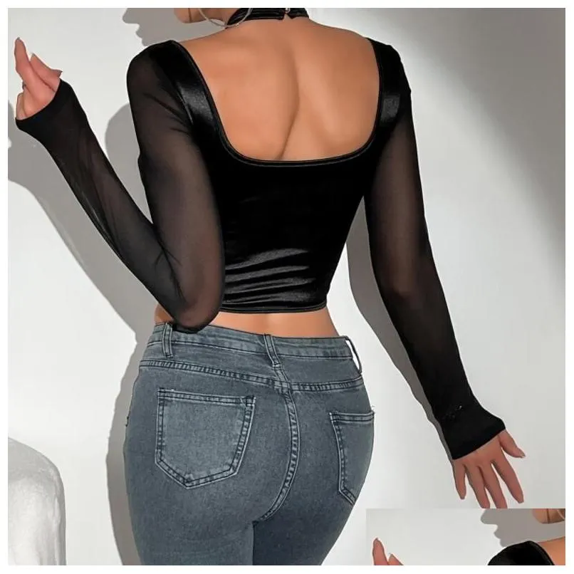 New Women`s T Shirts Mesh Patchwork Halter Long Sleeve Crop Top For Women Y2k Streetwear Autumn Soild Color Sexy See Through Corset Spicy