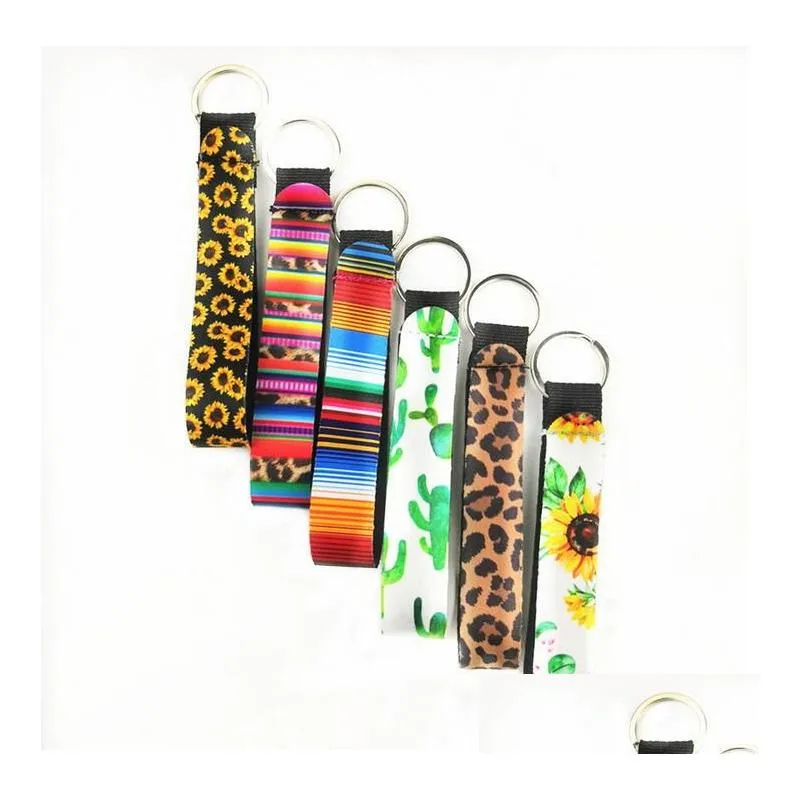 Keychains Lanyards Neoprene Wristlet Keychain Colourf Printed Wrist Key Belt Sunflower Strip Leopard Lanyard Ring Bag Pendent Drop Dhxog