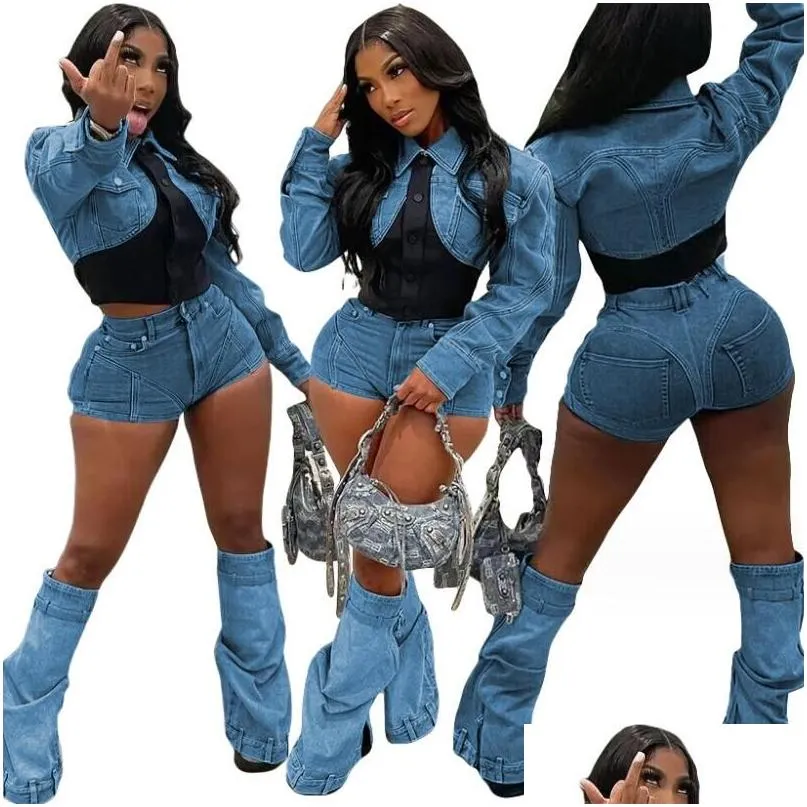 2024 Women`s Tracksuits Spring Shorts Set Women Two Piece Streetwear Long Sleeve Top And Pants Sexy Outfits Stretchy Denim Jeans