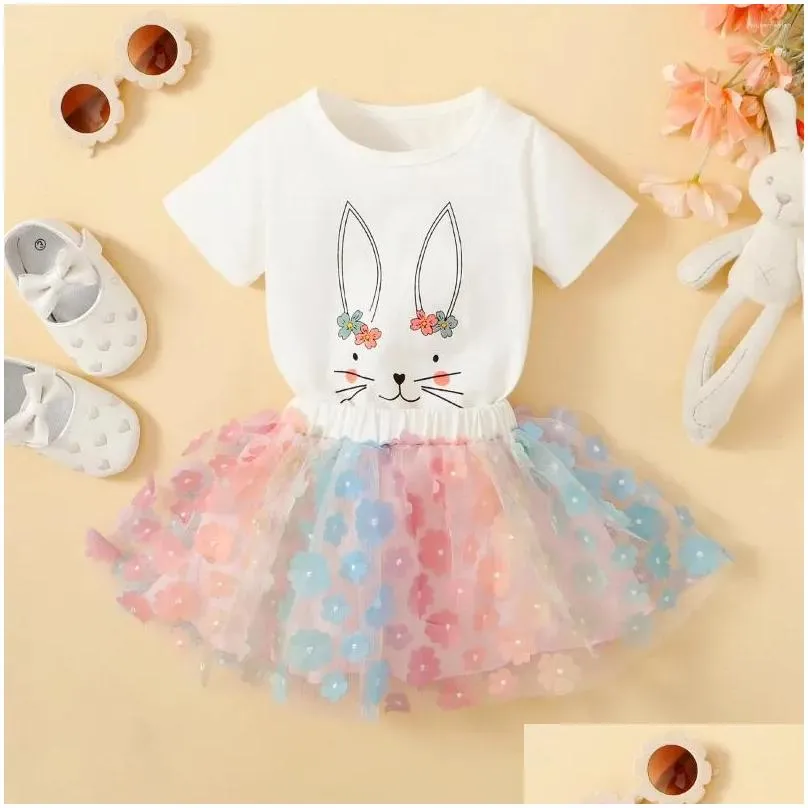 Clothing Sets 2-piece Baby Girl Cute Printed Short Sleeve Romper & Gradient Color Floral Mesh Patchwork Skirt