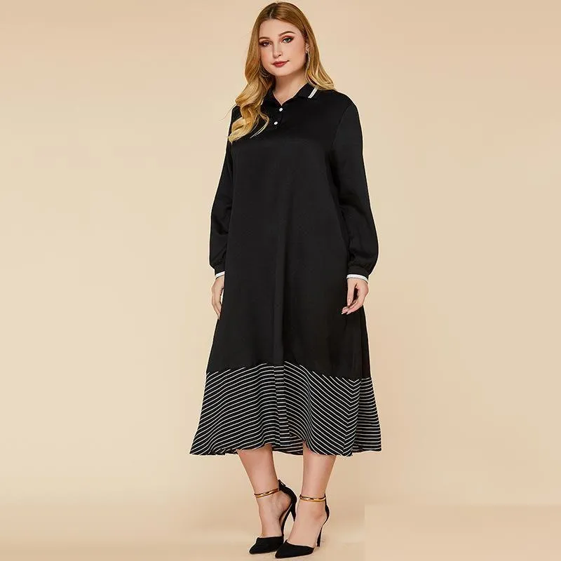 Plus Size Dresses Office Lady Spring Turn Down Collar Dress Women Long Sleeve Midi Loose Waist Black Patchwork Striped