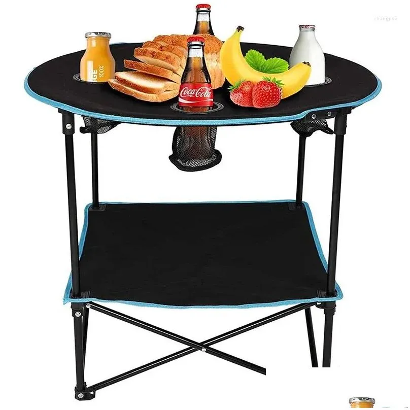 Camp Furniture Outdoor Folding Table Travel Cam Picnic Collapsible Round With 4 Cup Holders And Carry Bag Drop Delivery Sports Outdoor