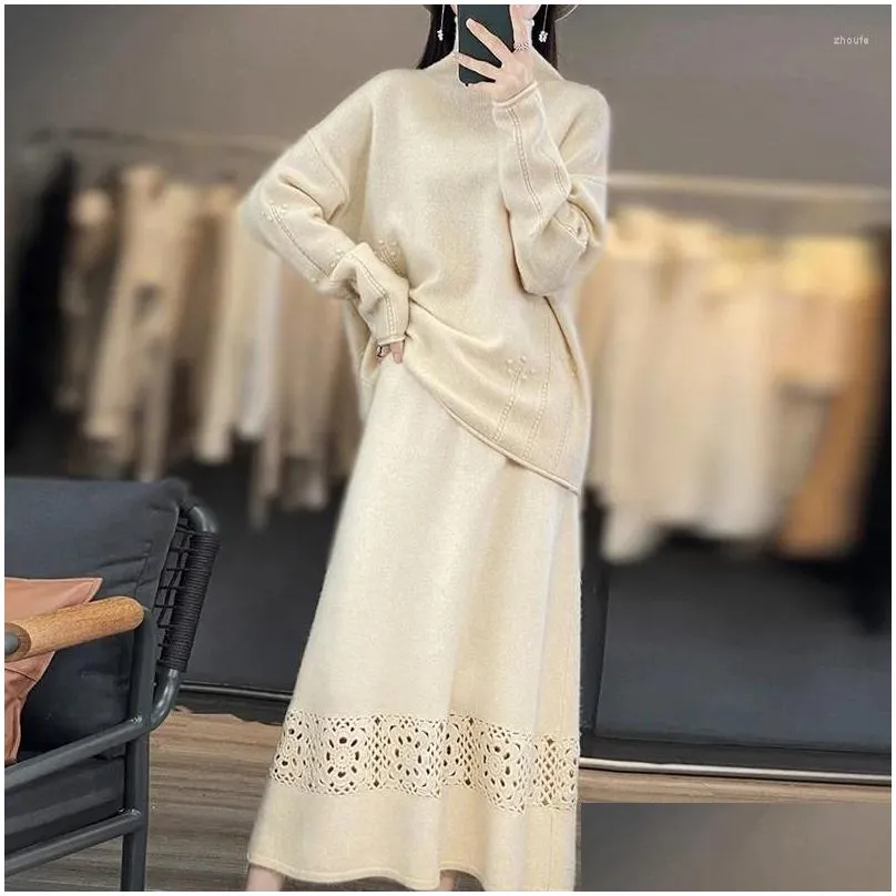 Work Dresses Autumn And Winter Pure Wool Classic Fashion Versatile Round Neck Pullover Skirt Set Large Women`s Sweater 2024