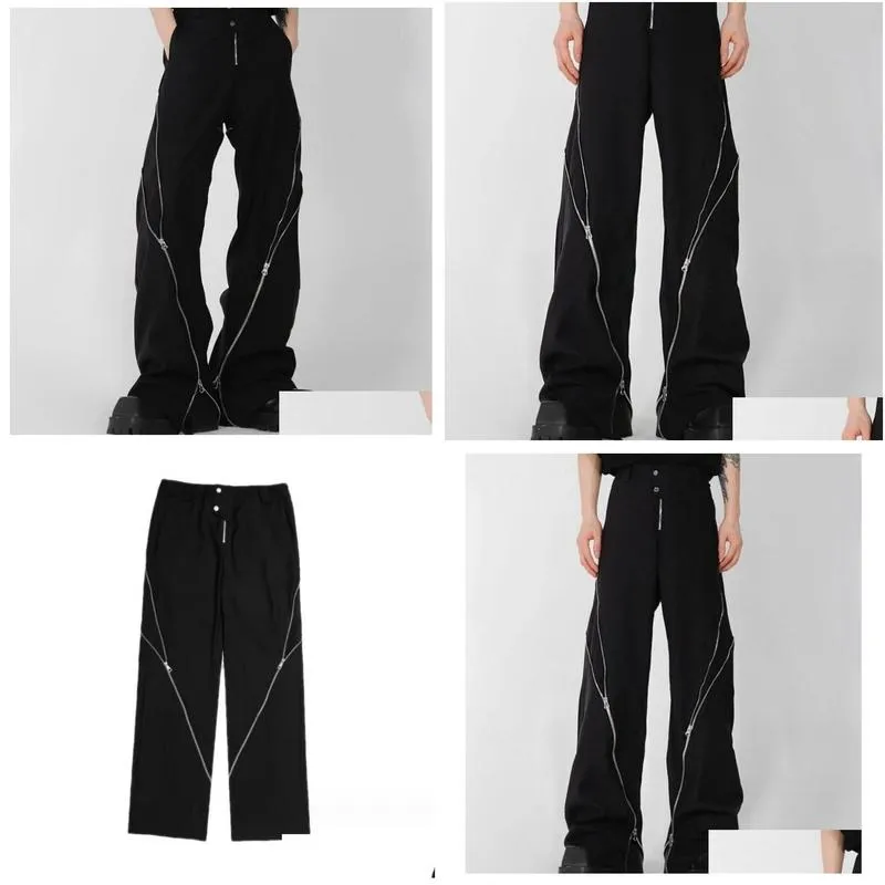 New Men`s Pants Men Black Zipper Design Slit Slightly Flared Vertical Feeling Straight Casual Y2K Trousers