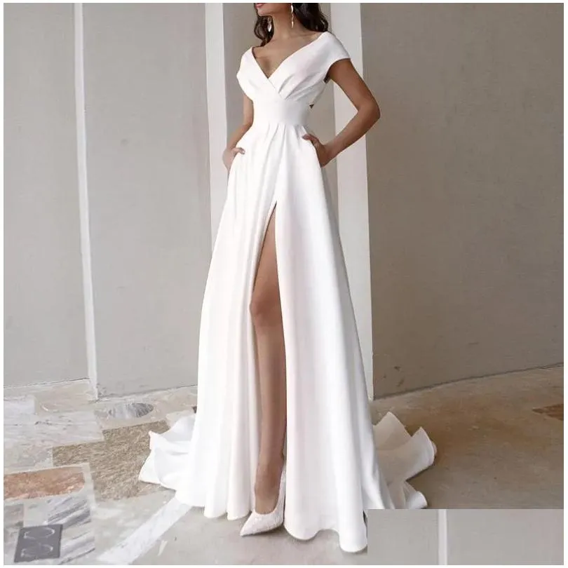 Casual Dresses Women Elegant Party Wedding Long Lady Chic Sexy V-Neck Skirt Tail Solid Color Evening Dress