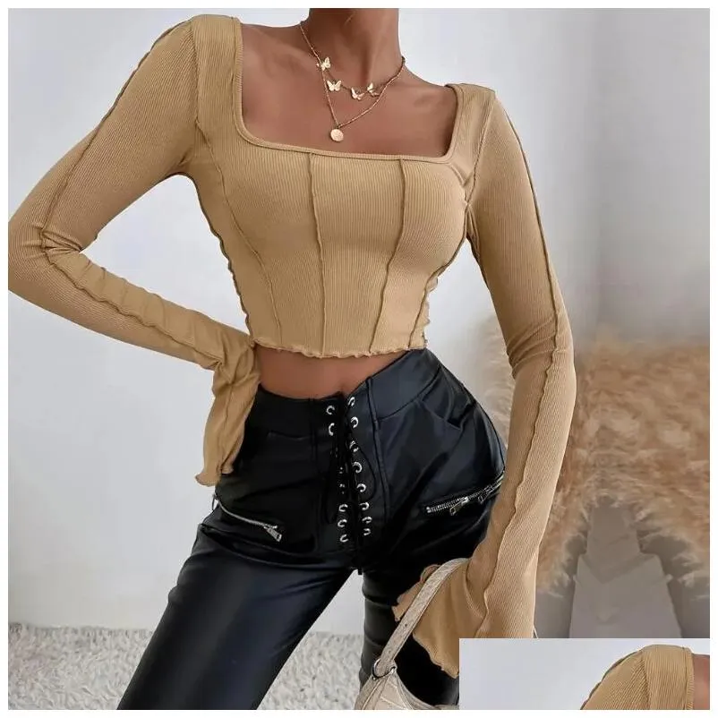 2023 New Women`s T Shirts Long Sleeve Knitted Women Black Backless Sexy Streetwear Tees Spring Autumn Basic Y2K Crop Top