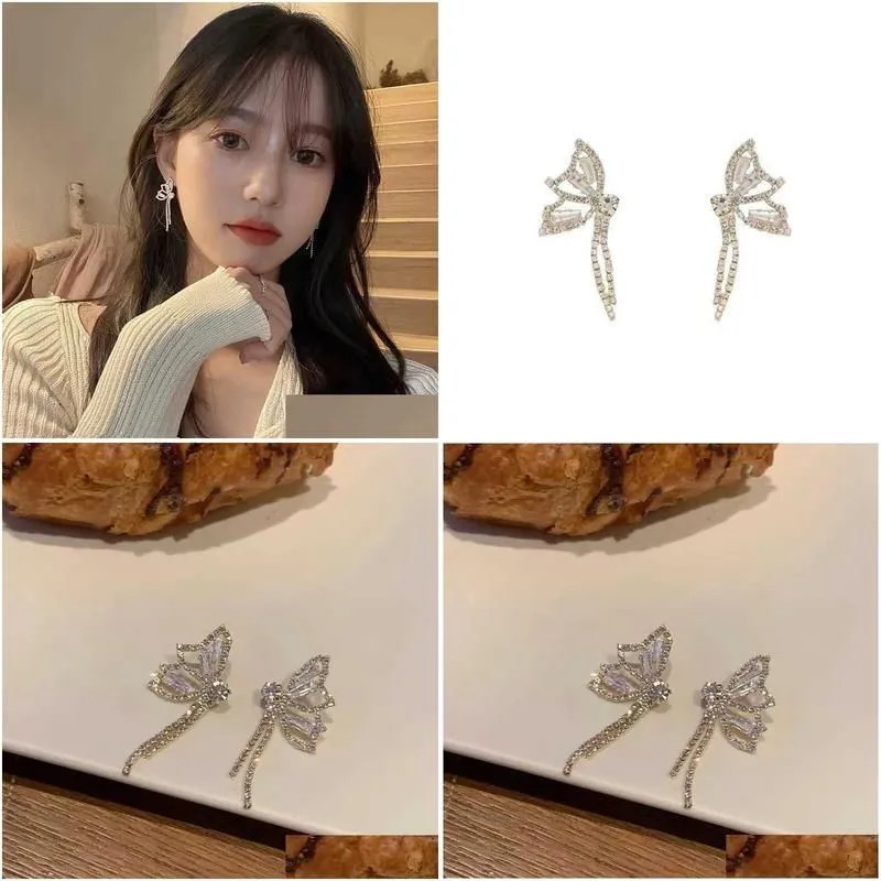Charm S925 Sier Needle Korean Super Fairy Butterfly Zircon Rhinestone Tassel Earrings Asymmetric Small Drop Delivery Jewelry Dhblf