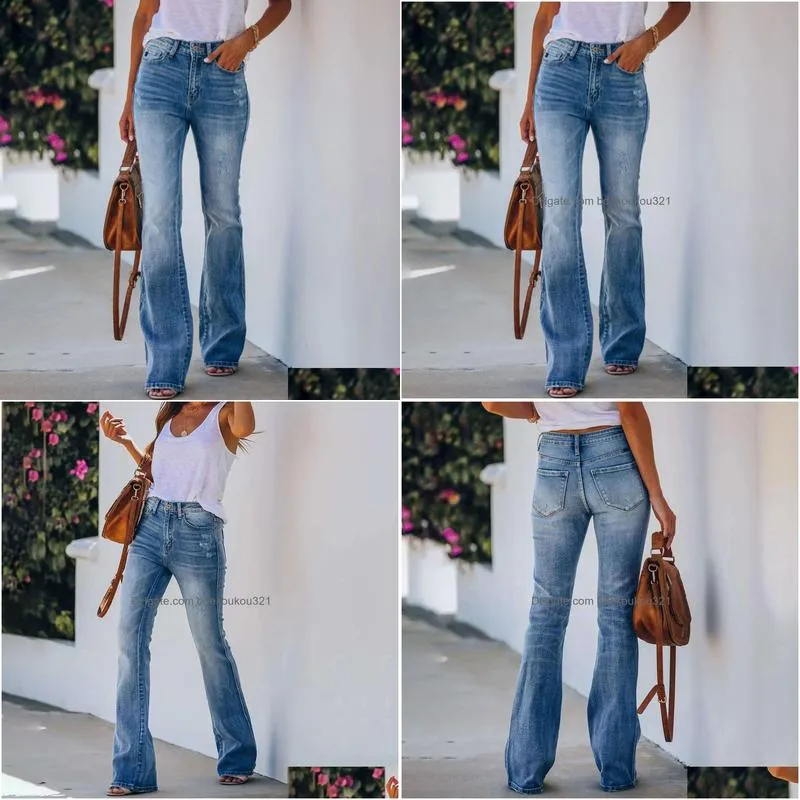 Women`S Jeans Womens Wide Leg High Waisted Stretch Skinny Mom Jean Bell Bottom Clothes Blue Denim Died Bootcut Flared Trousers Pants Dhma1