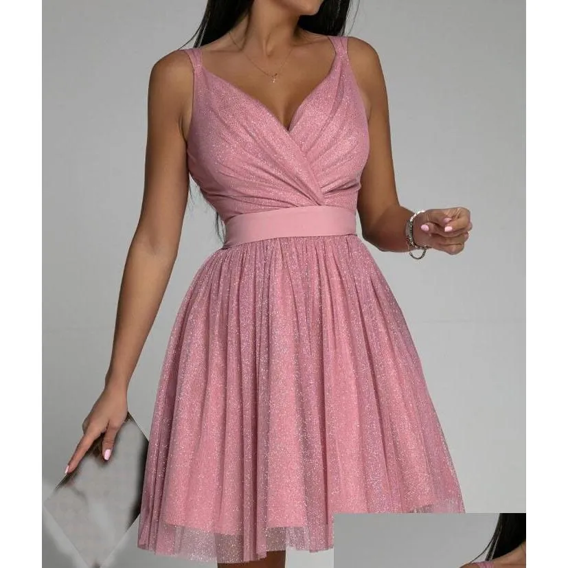 Simple Sparkling A-line V Neck Party Dresses Sweetheart Tulle Mini Homecoming Gown Robe Cocktail Femme Mariage Draped