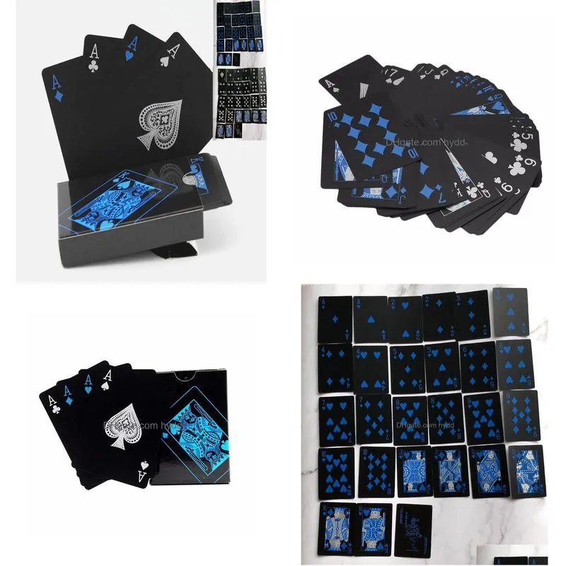 water proof pure black pvc poker pure black cards blue silver font magic playing cards 63mm 88mm 140g7604473