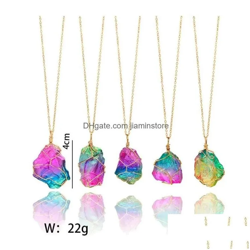 Pendant Necklaces Natural Rainbow Irregar Quartz Stone Rock Pendant Crystal Gemstone Necklace Gold Plated Wire Wrap Birthstone Jewelry