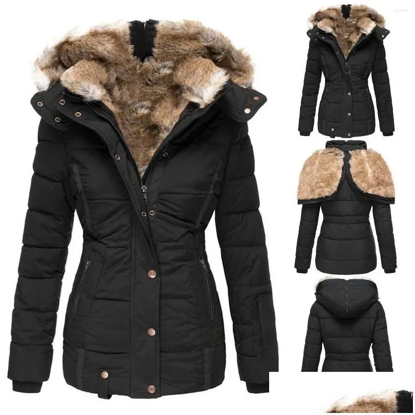 Women`s Trench Coats Autumn Winter Quilted Warm Solid Plush Thickened Jacket Button Long Windproof Hooded Parka Down Cotton Coat