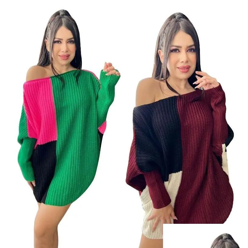 Sexy Womens Patchwork Dress Ladies Winter Long Sleeve Jumper Tops Fashion Girls Knitted Oversized Baggy Sweater Casual Loose Jumpers Mini