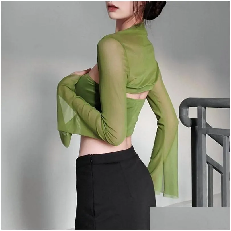 2023 Women`s T Shirts Sexy Women Crop Top Mesh Sleeve T-Shirt Tops Hollow Out Transparent Ladies Shirt Green Casual Tee