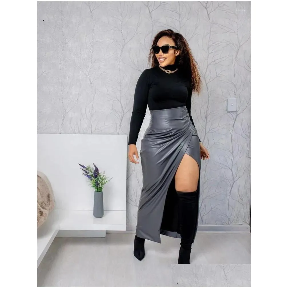 Skirts Spring Casual Clothes Streetwear Pu Leather For High Waist Club Outfits Design Gray Side Slit Maxi Women 2024