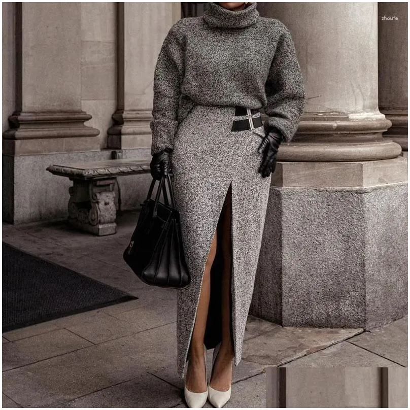Work Dresses Elegan Turtleneck Pullover Tops & Split Skirt Outfits Casual Long Sleeve 2Pc Suit Women Fashion Solid Knitted Skirts Sets