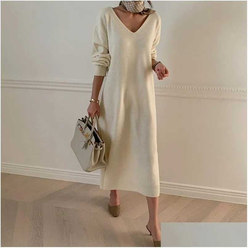 Winter Sweater Dress Women White V-neck Long Knitted Dress Lazy Oaf Korean Laides Casual Slit