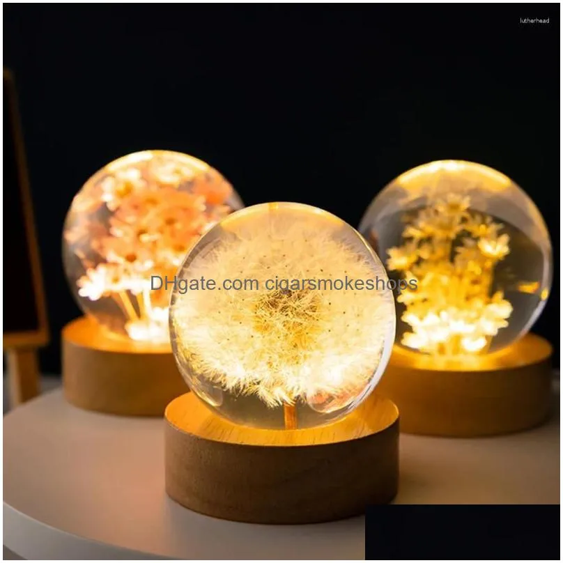 Decorative Objects & Figurines Cute Night Light With Woodern Base Flowers Crystal Ball Office Home Decor Gifts For Men Women Kids Boys Dhzby