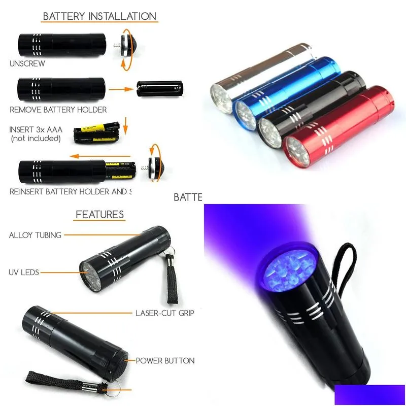 Portable 9 LED UV Light Flashlight Hiking Torchlight Aluminium Alloy Money Detecting LED UV Lamp Light High Quality Best Price7806358