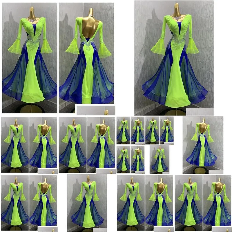 Stage Wear ABCDance Dress Modern Waltz Tango Competition Ballroom Dance Smooth Costume Long Sleeve Green