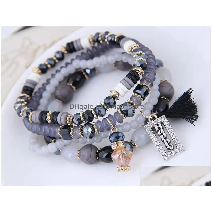 tassel and happy engrave beaded strands charm bracelet handmade multi color crystal bracelet for women wholesale set bohemia jewelry 6