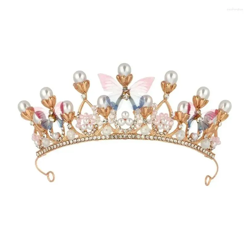 Hair Accessories Princess Crown For Girls Butterfly Tiaras Birthday Crystal Performance Party Model Catwalk Handmade Pearl