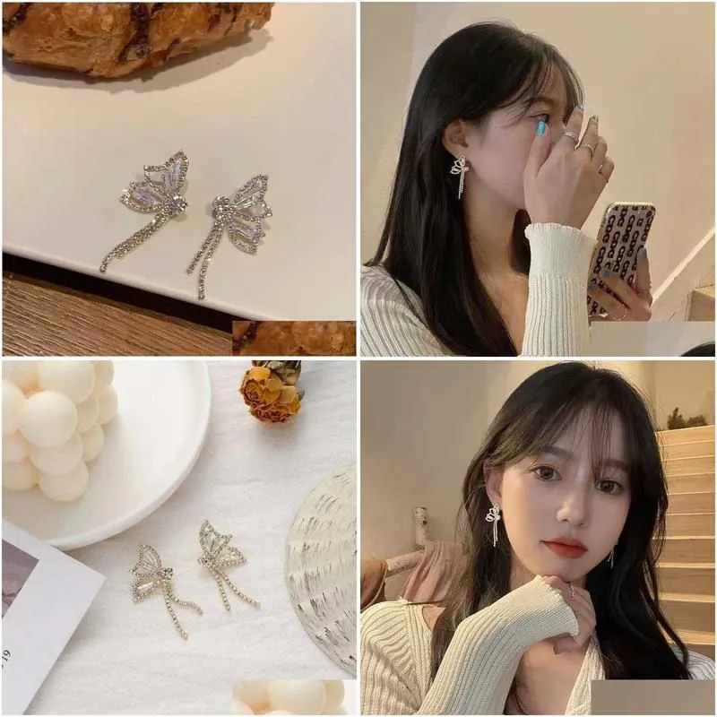 Charm S925 Sier Needle Korean Super Fairy Butterfly Zircon Rhinestone Tassel Earrings Asymmetric Small Drop Delivery Jewelry Dhblf