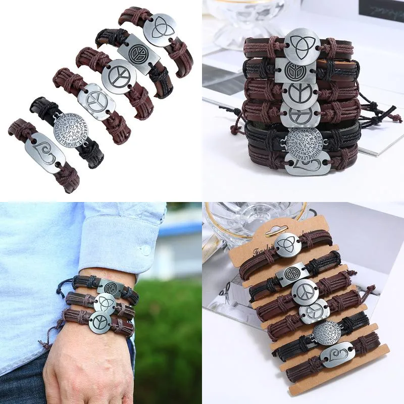 Charm Bracelets Rope Weave Braided Leather Bracelet Vintage Style Diy Combination Set Stam Woven Men Drop Delivery Otx2B