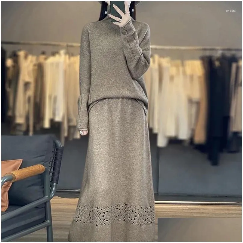 Work Dresses Autumn And Winter Pure Wool Classic Fashion Versatile Round Neck Pullover Skirt Set Large Women`s Sweater 2024