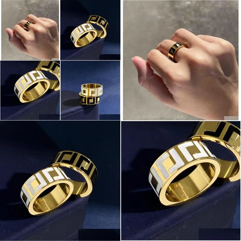 Band Rings Made In Italy Designer F Ring Extravagant Enamel Hollow Gold Sier Rose Stainless Steel Letter Black White Women Men Weddi Dhv3U