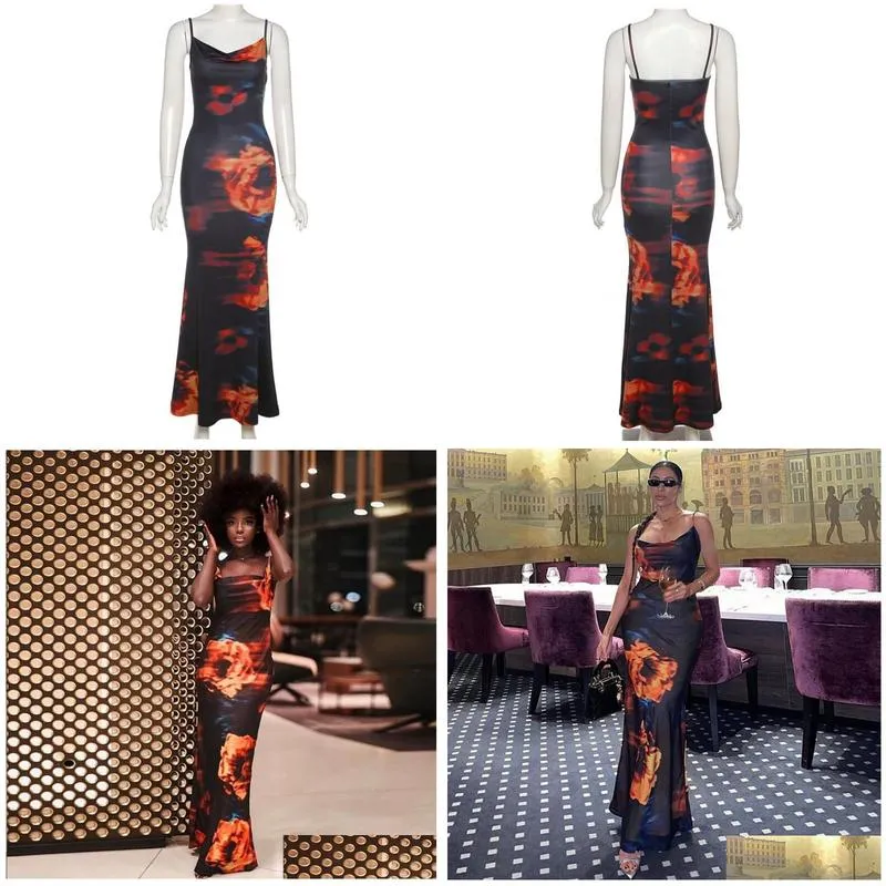 Casual Dresses Elegant Sexy Spaghetti Strap Long Bodycon Dress Floral Print Low-Cut Sleeveless Backless Party Club Sling Dress