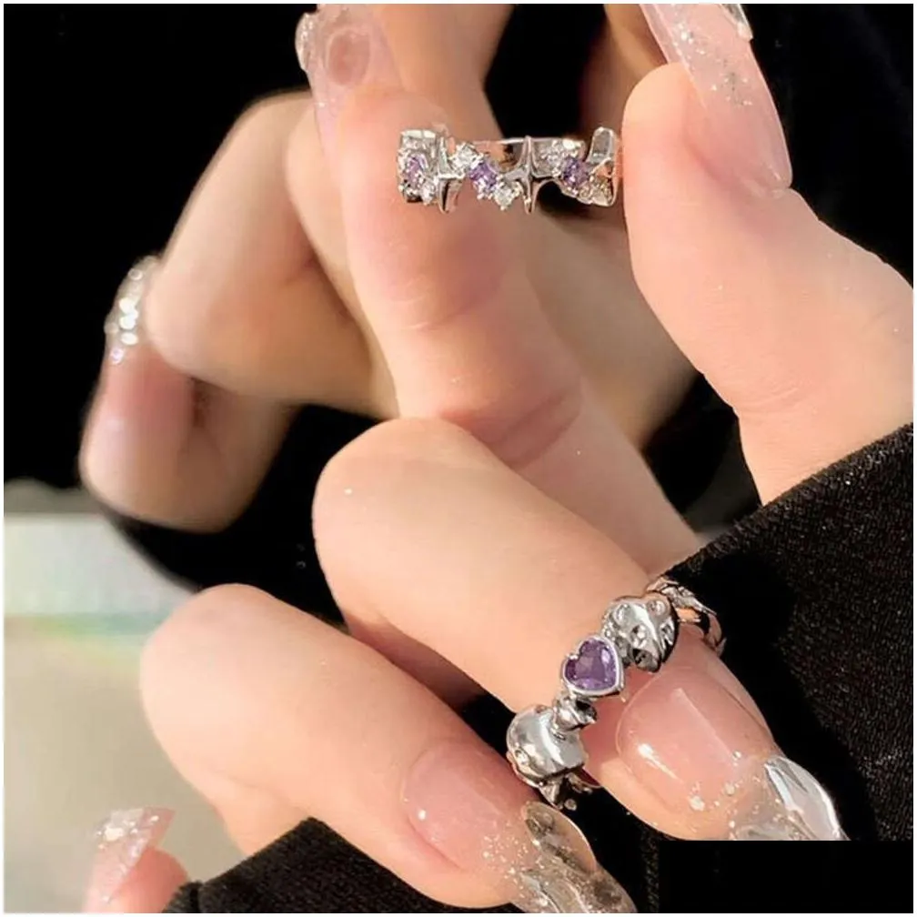 Korean Style Vintage Purple Diamond Love Ring Set for Women - Two Piece Instagram Ring Set