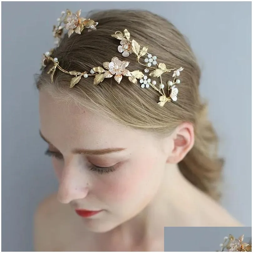 Jewelry Gold Color Leaf Floral Wedding Tiara Hair Crown Rhinestone Accessories Handmade Bridal Headband Women Party Headpiece