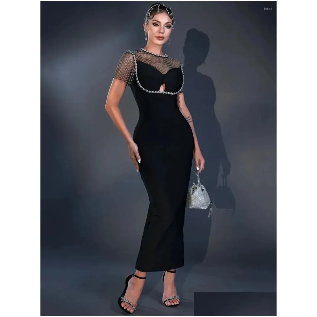 Casual Dresses Modphy 2024 Sexy Mesh Diamond Tight Bandage Midi Dress For Women`s Black Elegant Celebrity Party Banquet